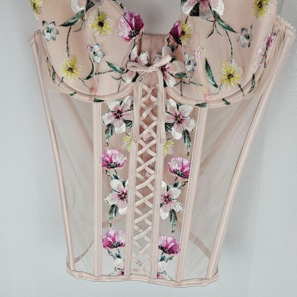 Victorias Secret Floral Embroidery Mesh Bustier Corset Size Medium Pink - Picture 4 of 11